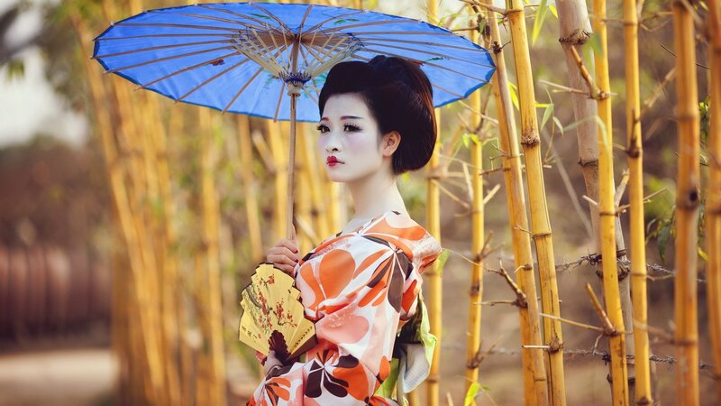 Woman in Kimono — Blue, Serene, Afternoon, Photograph