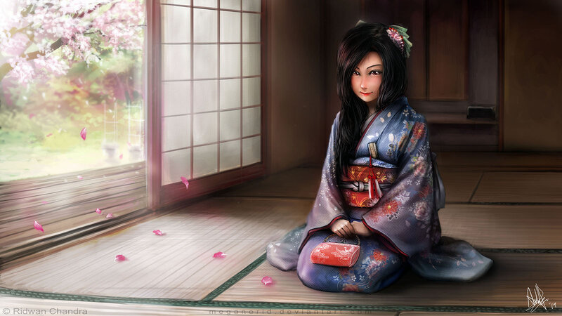 Woman in Kimono — Blue, Serene, Spring