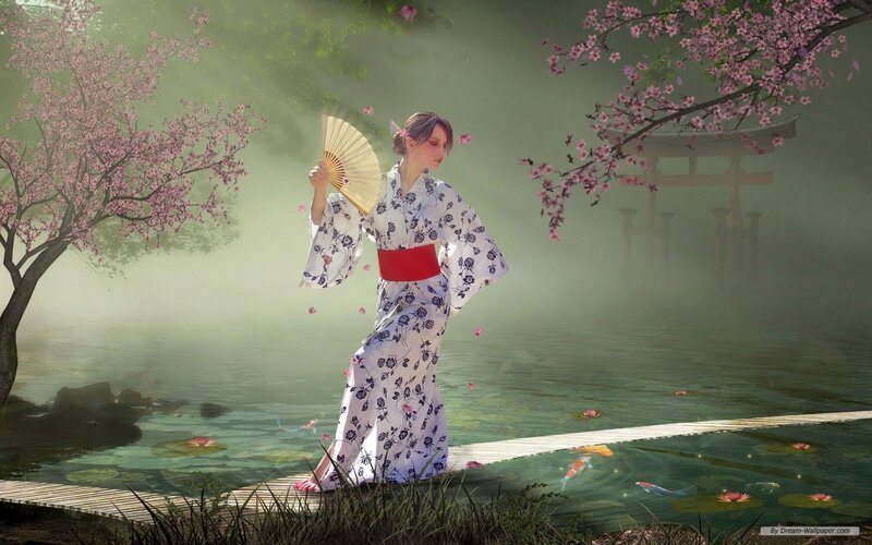 Woman in kimono by pond