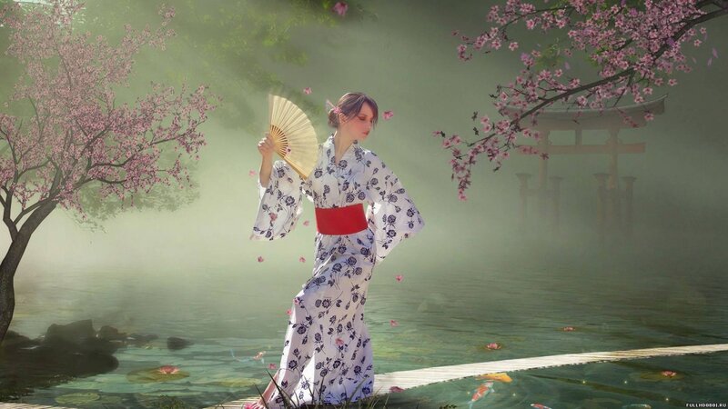 Woman in kimono by pond