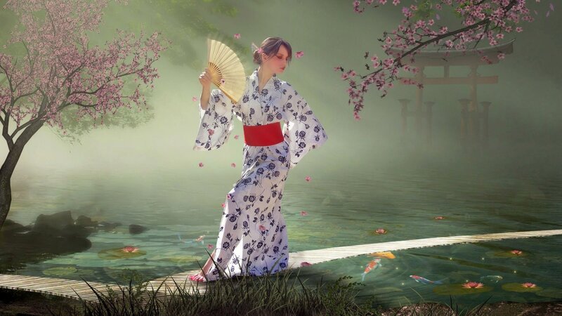 Woman in kimono by pond