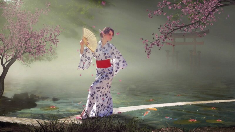 Woman in kimono by pond