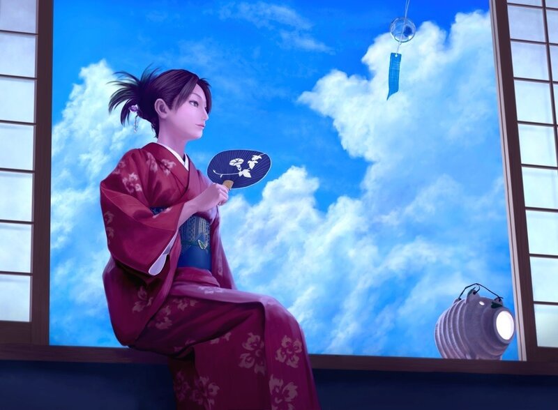 Woman in kimono by window