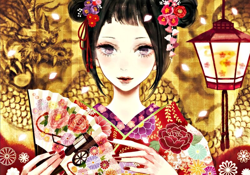 Woman in Kimono Holding Fan