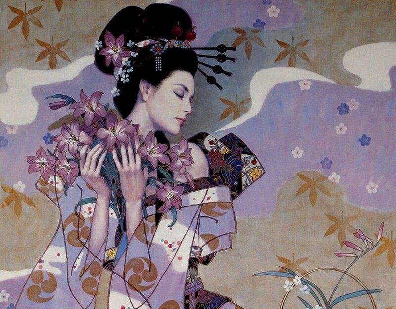 Woman in Kimono Holding Flowers