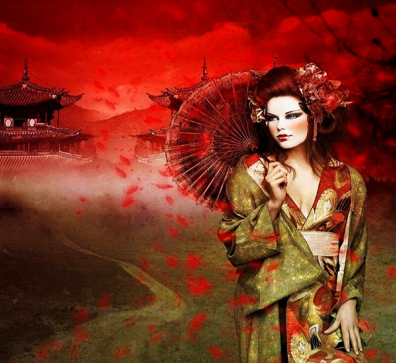 Woman in Kimono Holding Parasol