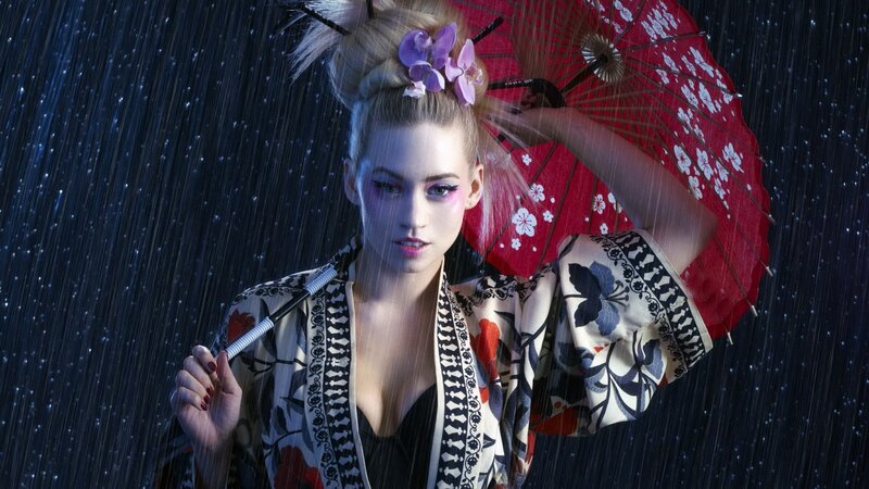 Woman in Kimono Holding Umbrella — Red, Dramatic, Night