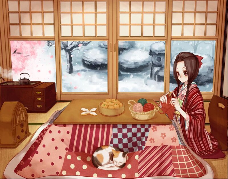 Woman in Kimono Knitting