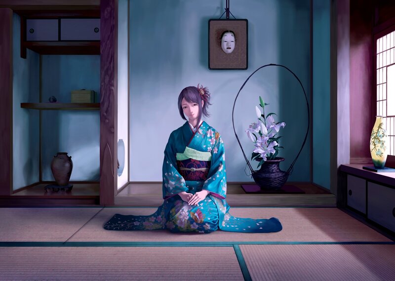 Woman in kimono on tatami