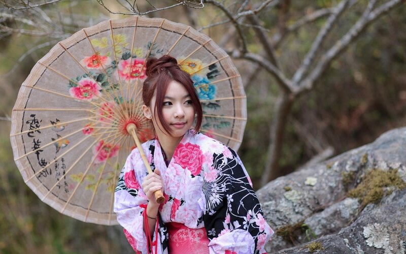 Woman in Kimono — Pink, Serene, Autumn, Photograph