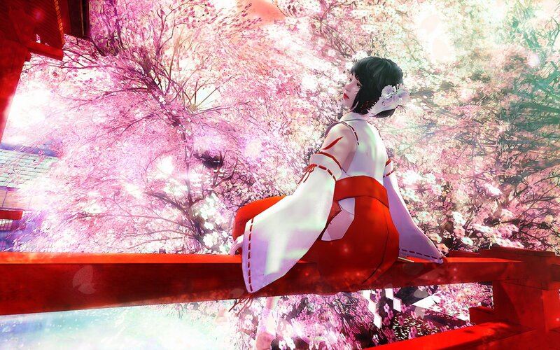 Woman in Kimono — Pink, Serene, Spring, Digital Art, Cherry Blossoms, Bridge