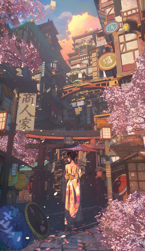 Woman in Kimono — Pink, Serene, Spring, Digital Art, Cherry Blossoms, Torii Gate