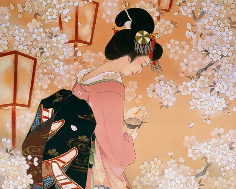 Woman in Kimono — Pink, Serene, Spring, Illustration, Cherry Blossoms