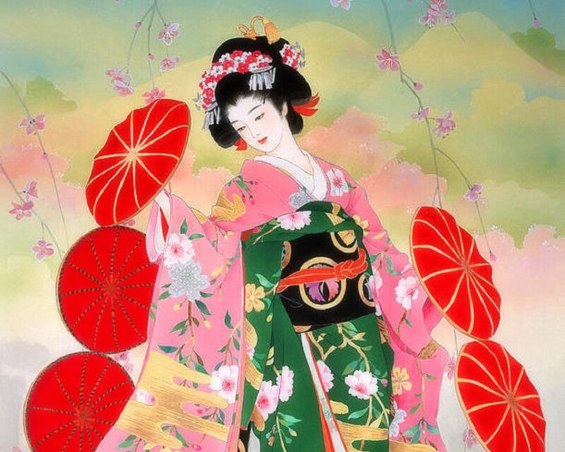 Woman in Kimono — Pink, Serene, Spring, Illustration, Umbrellas