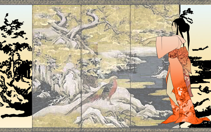 woman in kimono pointing at landscape