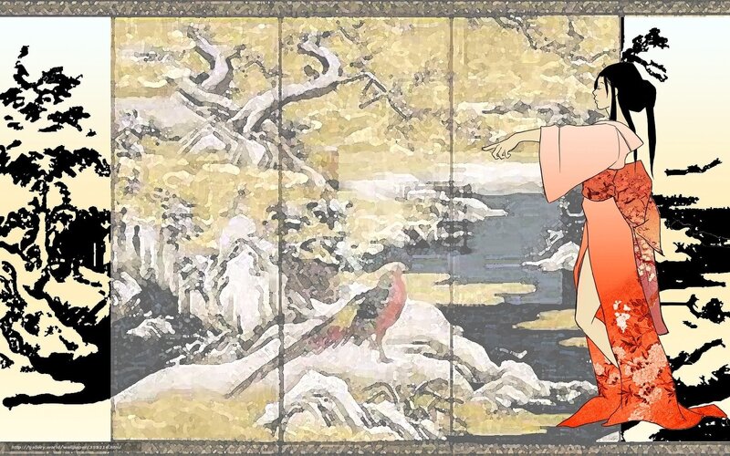 woman in kimono pointing at landscape