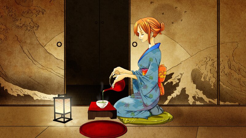 woman in kimono pouring tea