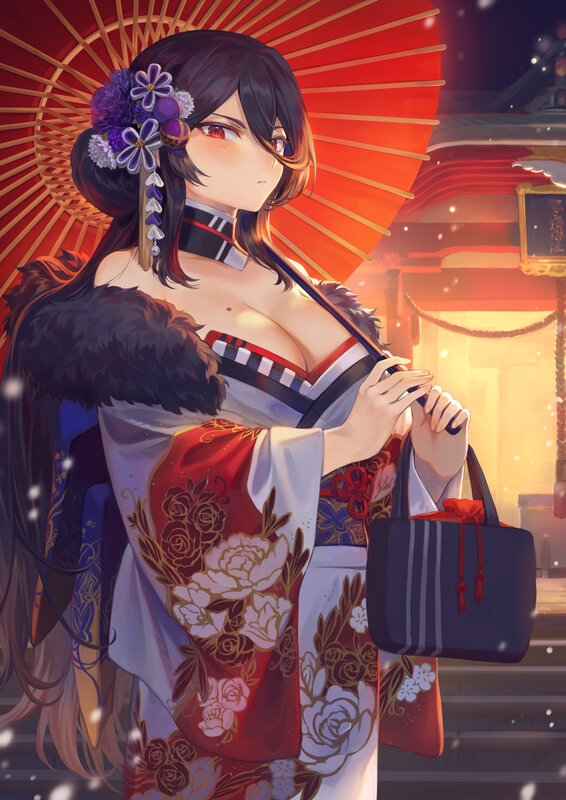 Woman in Kimono — Red, Dramatic, Night