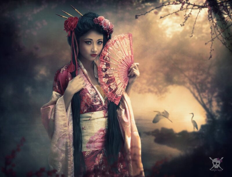Woman in Kimono — Red, Dramatic, Sunset