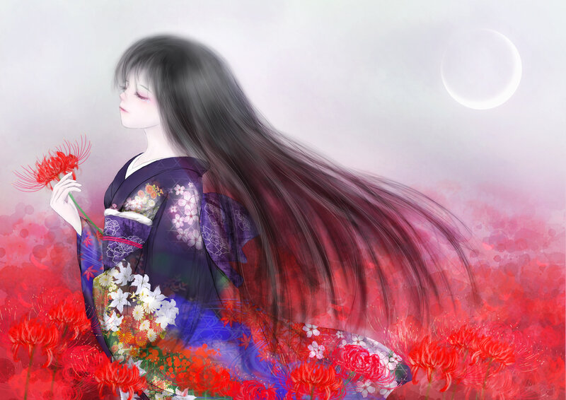 Woman in Kimono — Red, Serene, Night