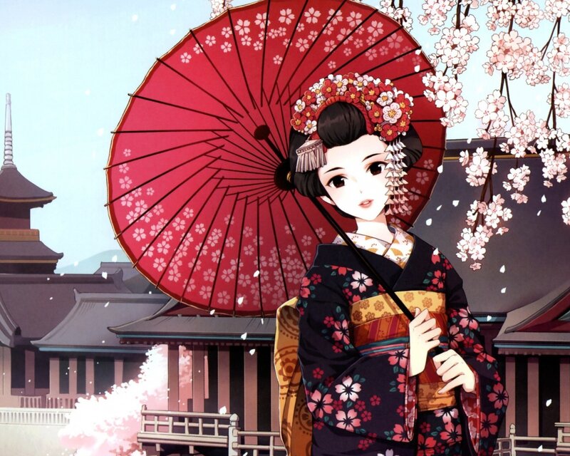 Woman in Kimono — Red, Serene, Spring, Anime, Cherry Blossoms