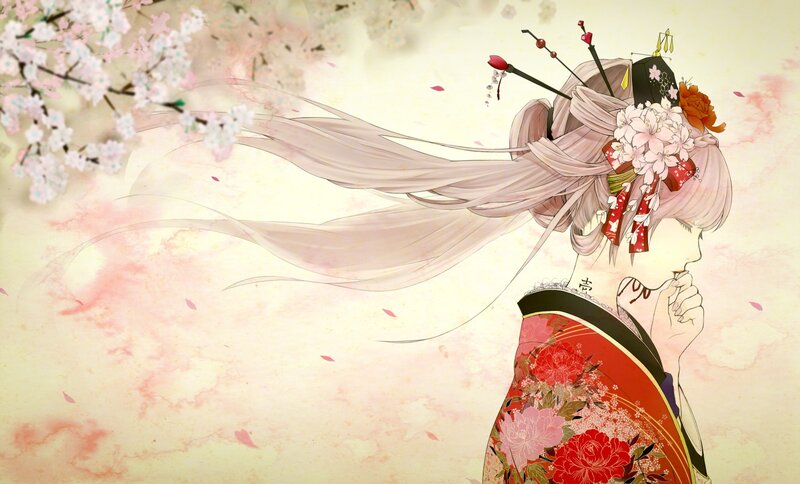 Woman in Kimono — Red, Serene, Spring, Digital Art, Cherry Blossoms