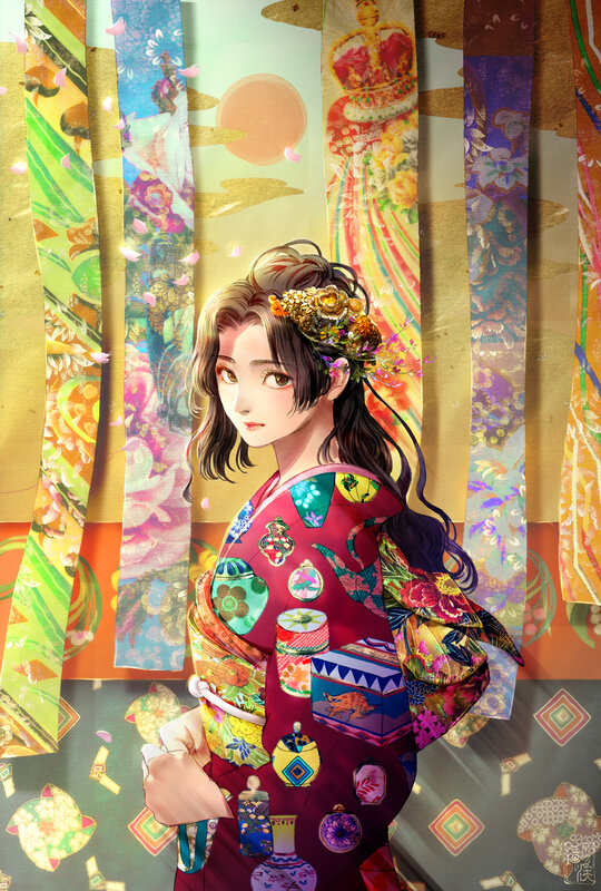 Woman in Kimono — Red, Serene, Spring, Digital Art, Flower Crown