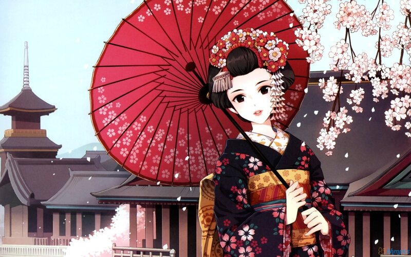 Woman in Kimono — Red, Serene, Spring