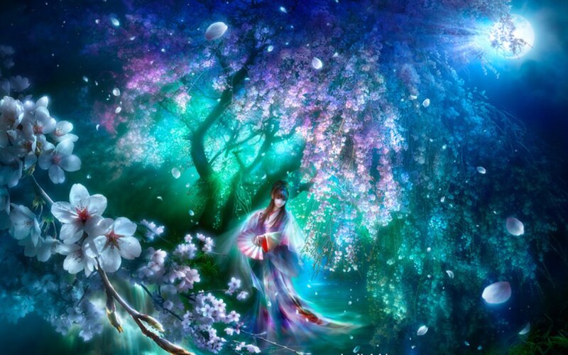 Woman in Kimono under Blossoms — Blue, Serene, Night