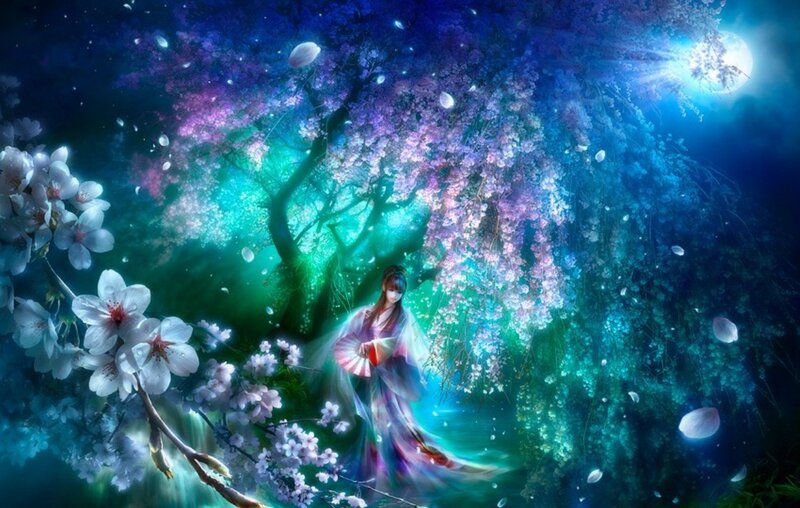 Woman in Kimono under Blossoms — Blue