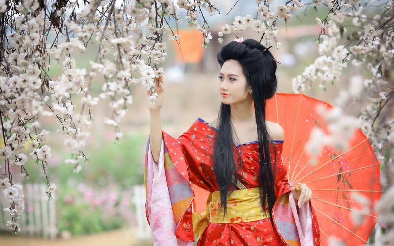 Woman in Kimono under Blossoms — Red