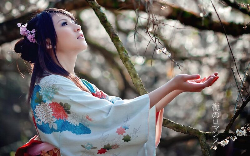 Woman in kimono under blossoms