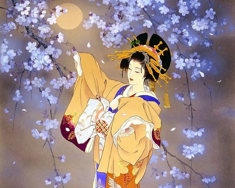 Woman in Kimono under Blossoms — Yellow