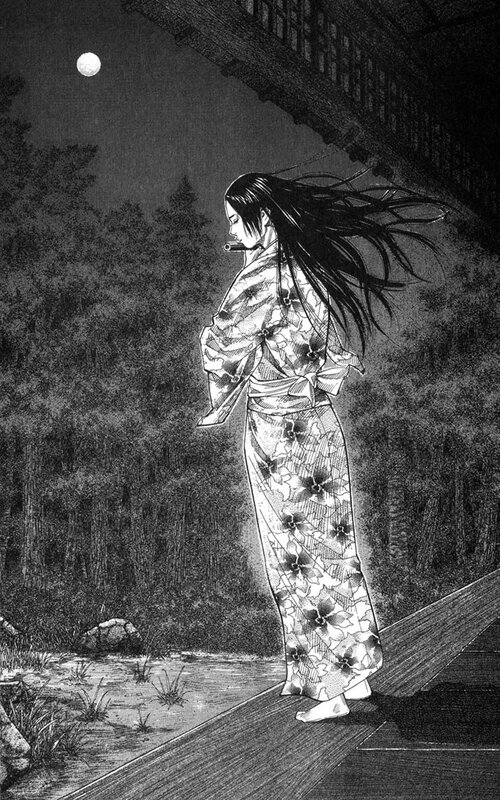 Woman in kimono under moonlight