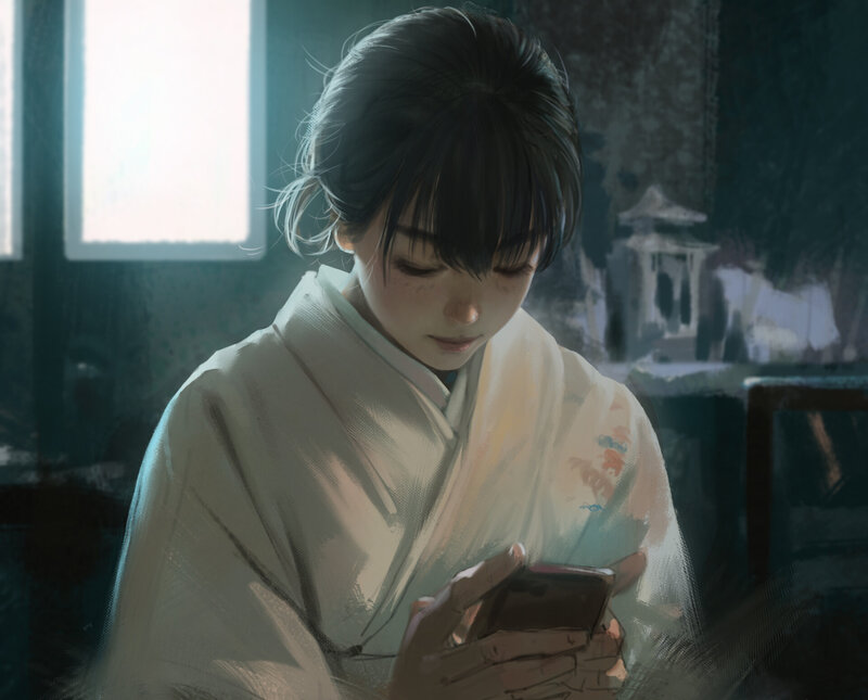Woman in Kimono Using Phone