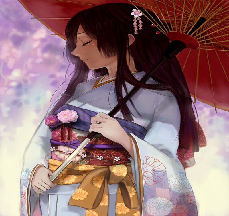 Woman in Kimono — White, Serene, Spring, Anime