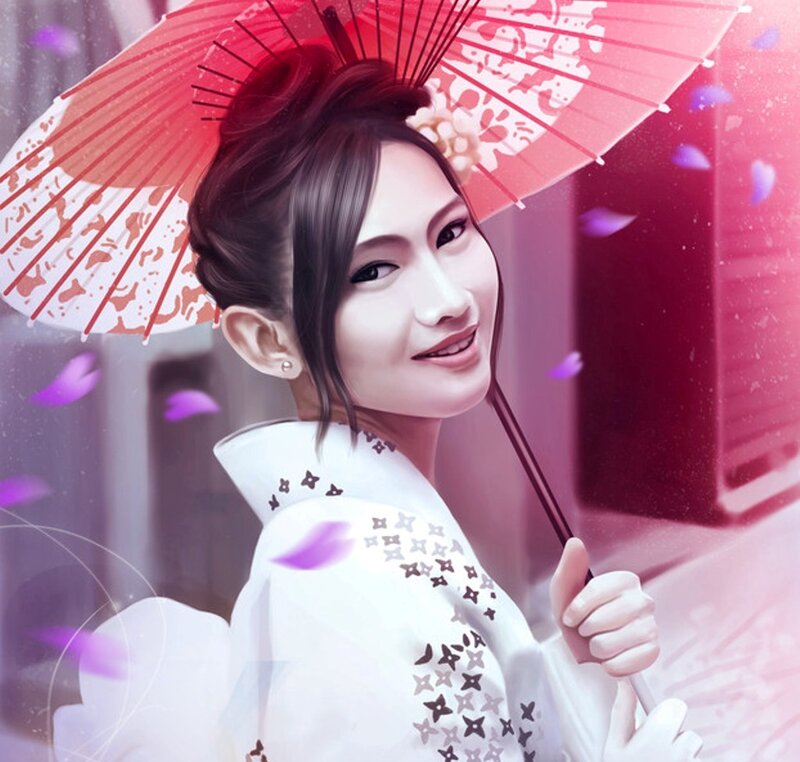 Woman in Kimono — White, Serene, Spring, Digital Art, Umbrella