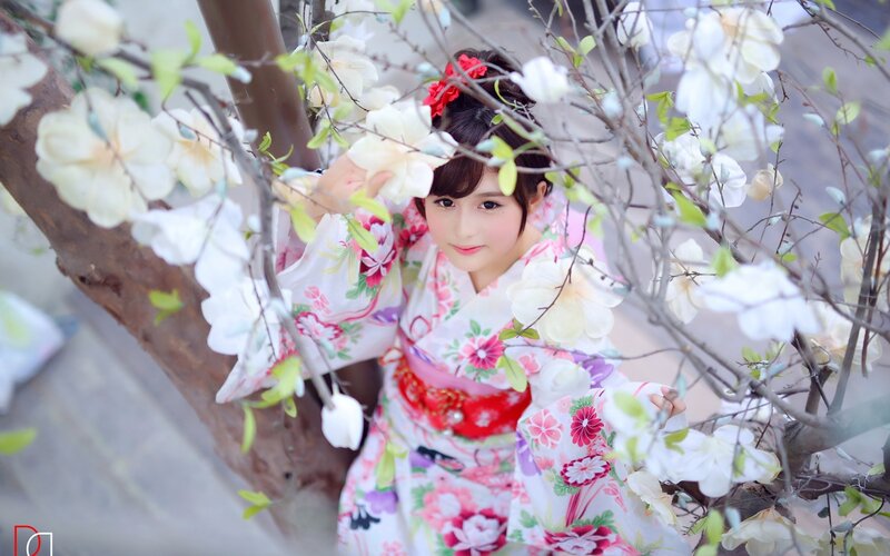 Woman in Kimono — White, Serene, Spring, Photograph, Flowers