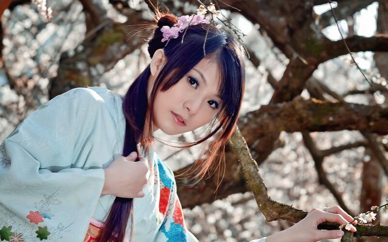 Woman in Kimono — White, Serene, Spring, Photograph, Flowers, Tree