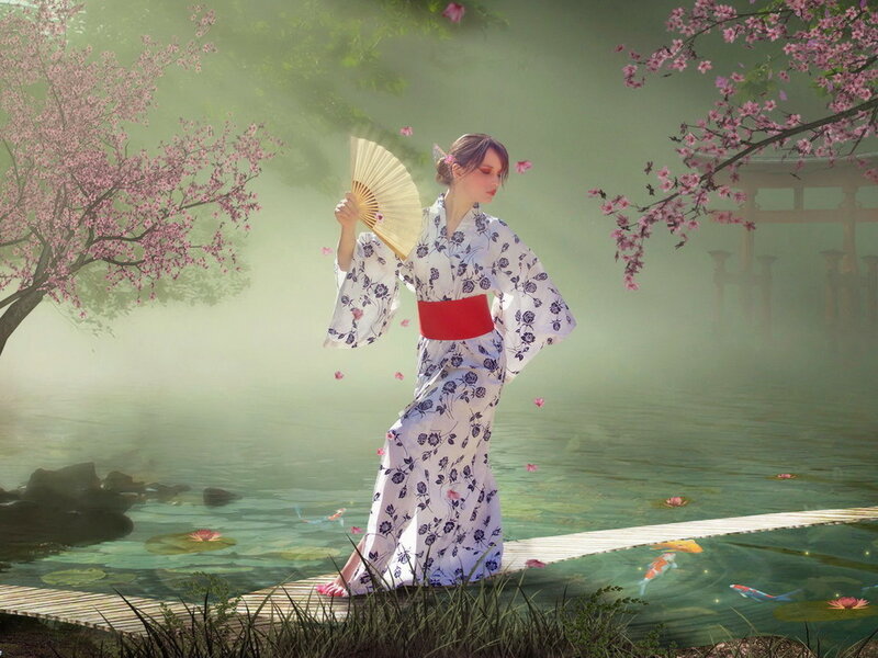 Woman in Kimono — White, Serene, Spring