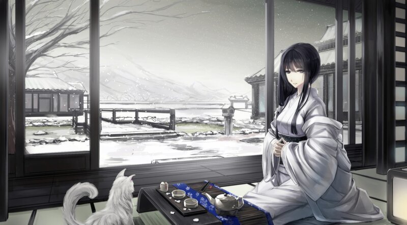 Woman in Kimono — White, Serene, Winter
