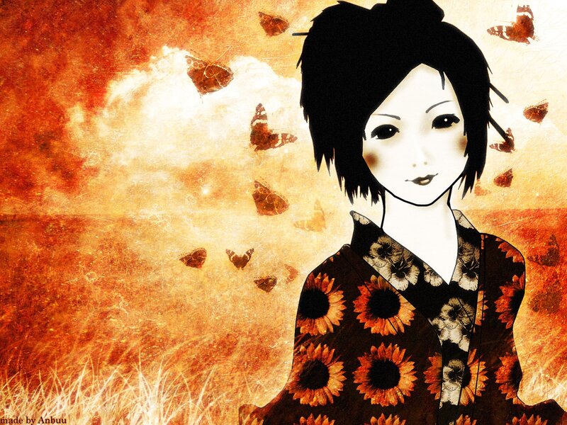 woman in kimono with butterflies