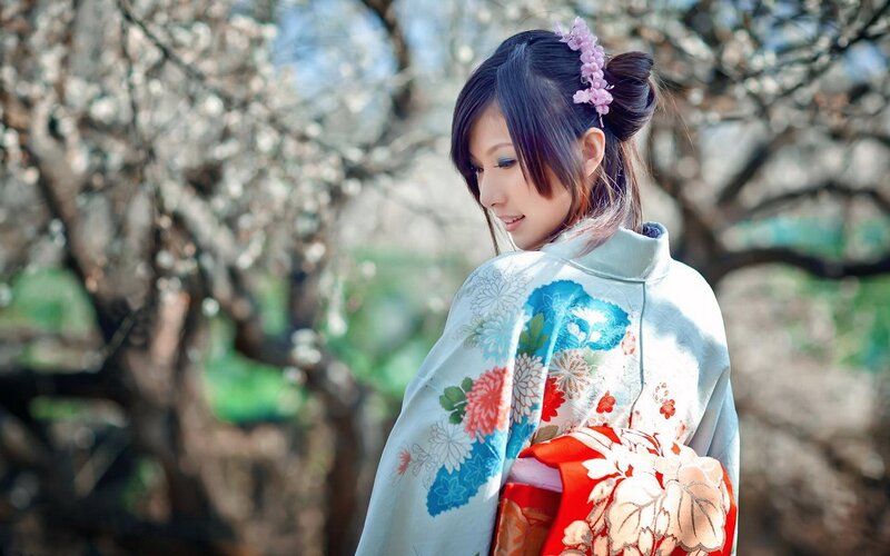 Woman in kimono with cherry blossoms
