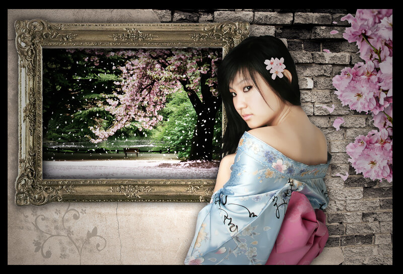 Woman in kimono with cherry blossoms