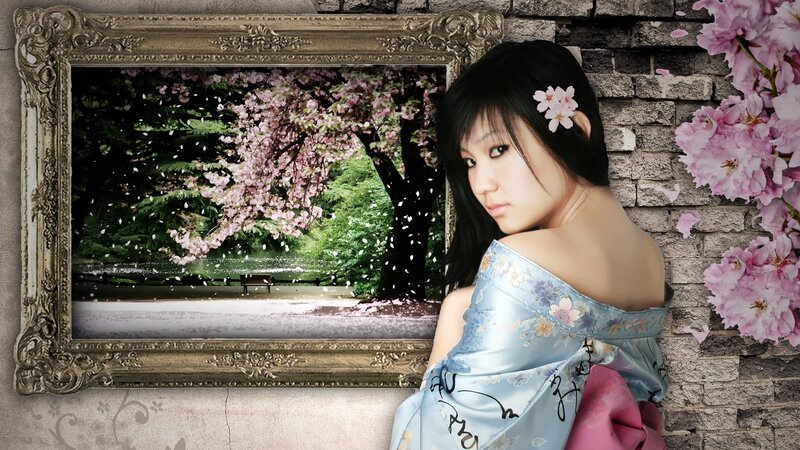 woman in kimono with cherry blossoms