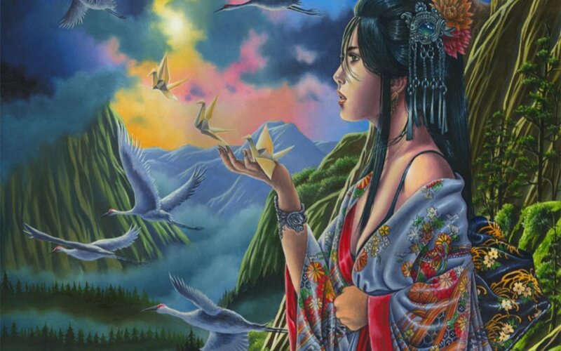 Woman in Kimono with Cranes — Blue