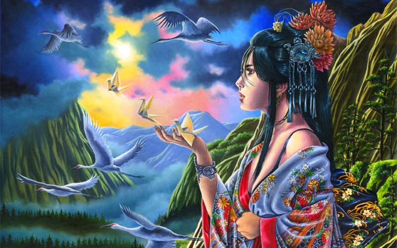 Woman in Kimono with Cranes
