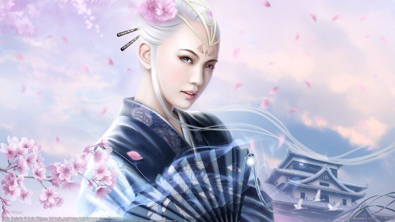 Woman in Kimono with Fan — Pink, Serene, Spring, Digital Art, Cherry Blossoms
