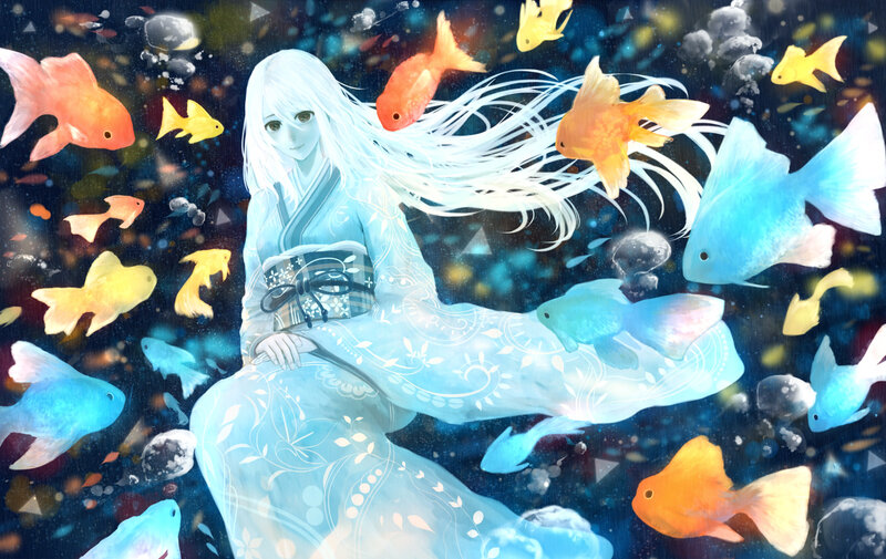 Woman in Kimono with Fish — Blue