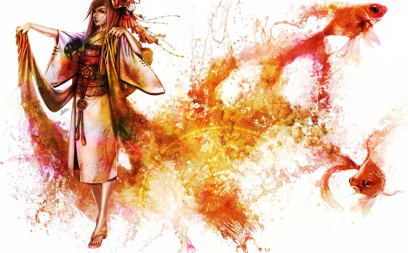 woman in kimono with fish